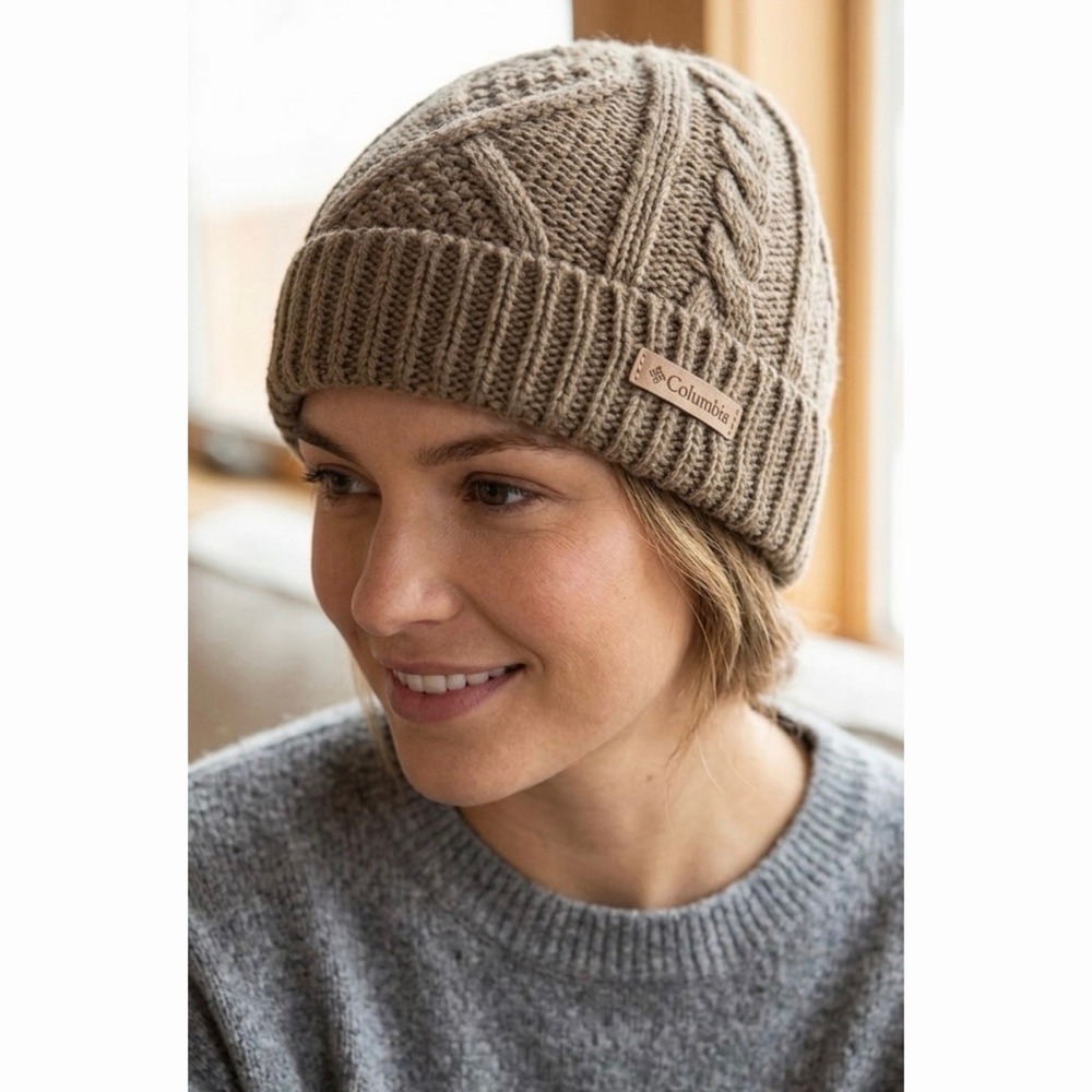 Columbia Cable Knit Beanie Hat Womens Fleece Lined Winter Warm Brown Taupe OS